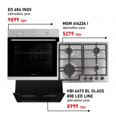 Комплект техніки Minola: Духовка EO 684 INOX + Поверхня MGM 614224 I + Витяжка HBI 6473 BL GLASS 800 LED Line